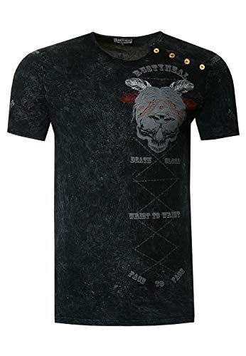 T-Shirt Washed Oil Vintage Knopfleiste Herren Rundhals Verwaschen Skull Head Regular Designer 262, Farbe:Schwarz, Größe:XL von R-Neal