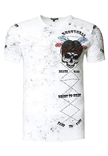 T-Shirt Washed Oil Vintage Knopfleiste Herren Rundhals Verwaschen Skull Head Regular Designer 262, Farbe:Weiß, Größe:XL von R-Neal