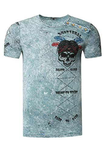 T-Shirt Washed Oil Vintage Knopfleiste Herren Rundhals Verwaschen Skull Head Regular Designer 262, Größe:2XL, Farbe:Grau von R-Neal