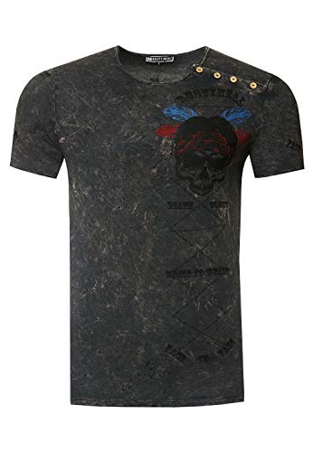 T-Shirt Washed Oil Vintage Knopfleiste Herren Rundhals Verwaschen Skull Head Regular Designer 262, Größe:3XL, Farbe:Anthrazit von R-Neal