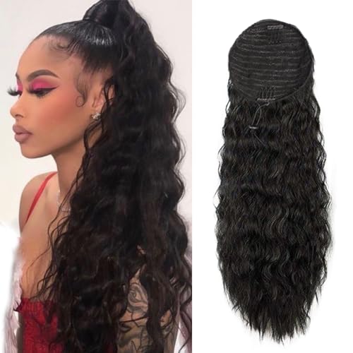 Pferdeschwanz-Extensions mit Kordel und Wasserwellen aus Echthaar, natürlicher schwarzer Pferdeschwanz mit Maiswellen, für schwarze Frauen, Pferdeschwanz-Clip-in-Extensions (18) von R RACILY HAIR
