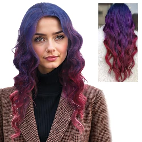 Langes Ombre Blauroter Verlauf Perücken für Frauen Natural Synthetische Gewelltes Lockiges Haar Perücke für tägliche Party Cosplay Verwendung von R REEWES FASHION HAIR