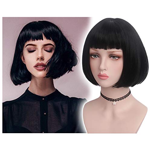 REEWES Kurzer Schwarzer Bob Frauen Perücken Gerade Perücke mit Pony für Frauen Natürliche Synthetische Haar Perücken Täglicher Gebrauch Cosplay Party Karneval Kostüm Fancy Dress von R REEWES FASHION HAIR