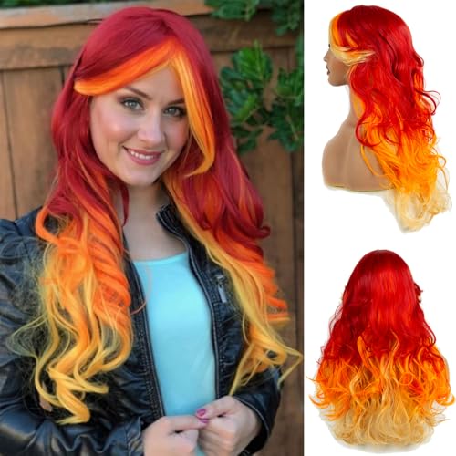 REEWES Perücke Damen Perücke Gelb über Orange nach Rot Lang Gewellt Locken Natürlich/Für Frauen Alltag Anime Cosplay Kostümparty Halloween Karneval von R REEWES FASHION HAIR