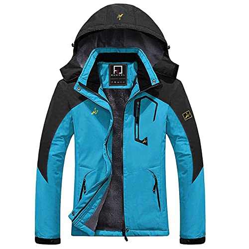 R RUNVEL Damen Mountain Wasserdichte Jacke Winddichte Fleecejacke Outdoor Wintermantel mit Abnehmbarer Kapuze Mehrere Taschen für Camping, blau, 42 von R RUNVEL