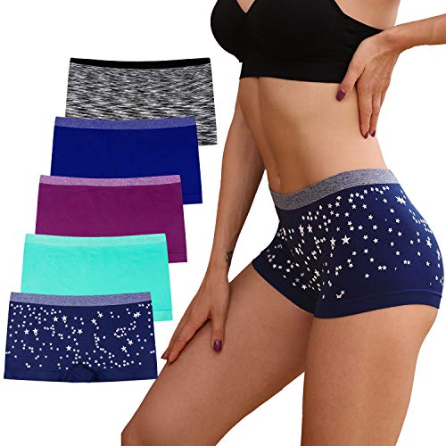 R RUXIA Damen Boyshort Panties Nahtlos Damen Unterwäsche Full Coverage Slip No Show Boxer für Schlaf und Workout Druck Boyshort 5er-Pack Gr. L, B010-4 von R RUXIA