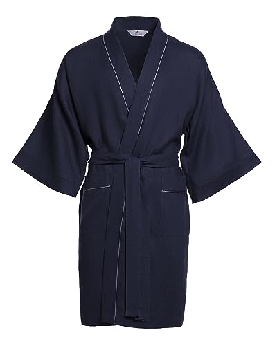 Revise RE-513 Herren Kimono - Morgenmantel - 100% Leinen - Dunkelblau XL/XXL von R Revise