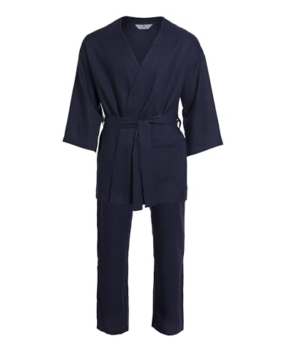 Revise RE-952 Herren Kimono mit Hose - Set - Morgenmantel - 100% Leinen - Dunkelblau L von R Revise