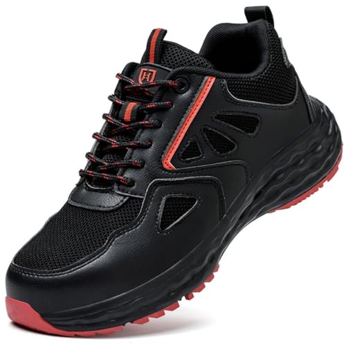 R-Win Sicherheitsschuhe für Herren und Damen, nicht metallischer Verbundkunststoff, Zehenkappe, Turnschuhe, Anti-Punktion, leicht, atmungsaktiv, 6 kV, isolierter Schuh, schwarz / rot, 42 1/3 EU von R-Win