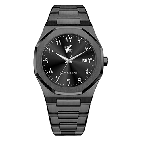 R&M ORIENT Herrenuhr mit arabischen Ziffern Edelstahl Analog Quarz Saphirglas Designer Große Armbanduhr Männer Mode Wasserdicht Uhr mit arabische Kalender Datum (Lamassu, Schwarz - Schwarz) von R&M ORIENT