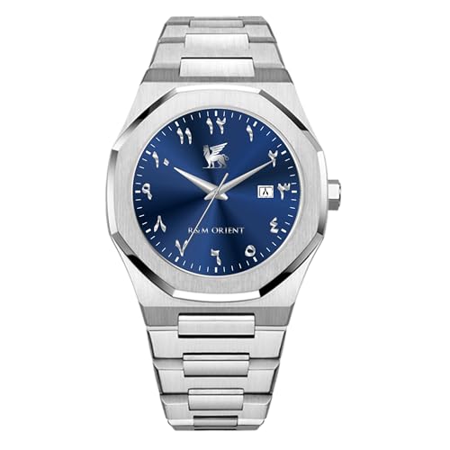 R&M ORIENT Herrenuhr mit arabischen Ziffern Edelstahl Analog Quarz Saphirglas Designer Große Armbanduhr Männer Mode Wasserdicht Uhr mit arabische Kalender Datum (Lamassu, Silber - Blau) von R&M ORIENT
