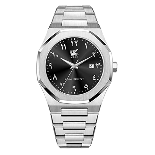 R&M ORIENT Herrenuhr mit arabischen Ziffern Edelstahl Analog Quarz Saphirglas Designer Große Armbanduhr Männer Mode Wasserdicht Uhr mit arabische Kalender Datum (Lamassu, Silber - Schwarz) von R&M ORIENT
