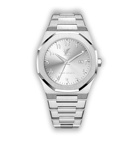 R&M ORIENT Herrenuhr mit arabischen Ziffern Edelstahl Analog Quarz Saphirglas Designer Große Armbanduhr Männer Mode Wasserdicht Uhr mit arabische Kalender Datum (Lamassu, Silber - Weiß) von R&M ORIENT