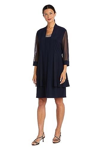 R&M Richards Damen 2 Piece Mesh Panel Beaded Neck Jacket Dress Kleid, Navy, 42 von R&M Richards