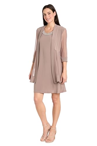 R&M Richards Damen 2-teiliges Jackenkleid mit Netzeinsatz und Perlen Kleid, Taupe, X-Groß von R&M Richards