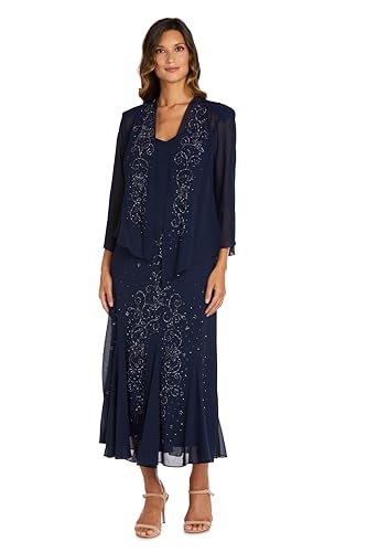 R&M Richards Damen Beaded Chiffon Jacket Dress Kleid, Marineblau, 48 von R&M Richards