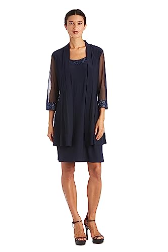 R&M Richards Damen Jackenkleid mit durchsichtigen Ärmeln Kleid, Navy, M Petite von R&M Richards