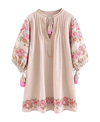 R. Vivimos Womens Boho Bestickt lässig Minikleid Dame lose Sommerkleid Strandkleid Berufung Kleid（Klein,Beige von R.Vivimos