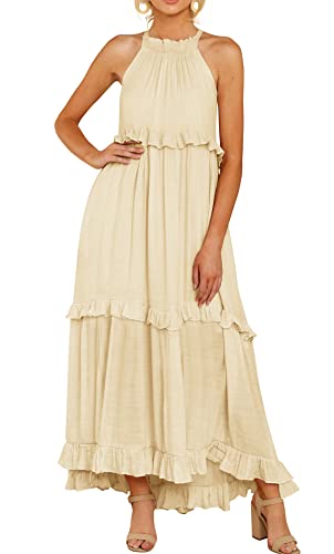 R.Vivimos Ärmelloses Neckholder-Kleid Trägerloser Rüschensaum Sexy Maxikleider Party Cocktail Strandkleid (Klein, Beige) von R.Vivimos