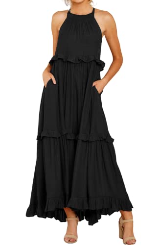 R.Vivimos Ärmelloses Neckholder-Kleid Trägerloser Rüschensaum Sexy Maxikleider Party Cocktail Strandkleid (Large,Schwarz) von R.Vivimos