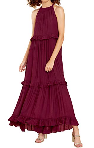 R.Vivimos Ärmelloses Neckholder-Kleid Trägerloser Rüschensaum Sexy Maxikleider Party Cocktail Strandkleid (XL,Burgund) von R.Vivimos