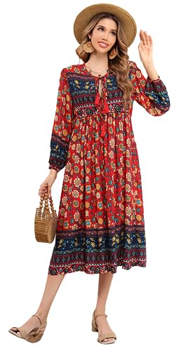 R.Vivimos Damen Beiläufig Bohemien Drucken Krawatte Langarm Strand Stil Lang Midi Urlaub Kleid(Large,Red#2) von R.Vivimos