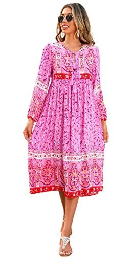 R.Vivimos Damen Beiläufig Bohemien Drucken Krawatte Langarm Strand Stil Lang Midi Urlaub Kleid(Large,Fuchsia) von R.Vivimos