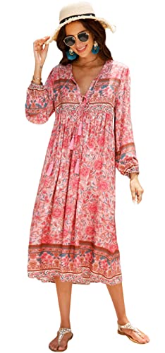 R.Vivimos Damen Beiläufig Bohemien Drucken Krawatte Langarm Strand Stil Lang Midi Urlaub Kleid(Large,Hellrosa#2) von R.Vivimos