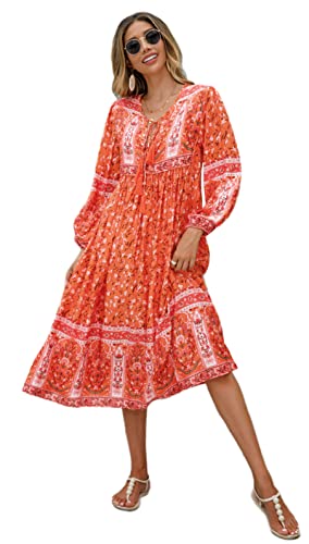 R.Vivimos Damen Beiläufig Bohemien Drucken Krawatte Langarm Strand Stil Lang Midi Urlaub Kleid(Large,Orange#2) von R.Vivimos