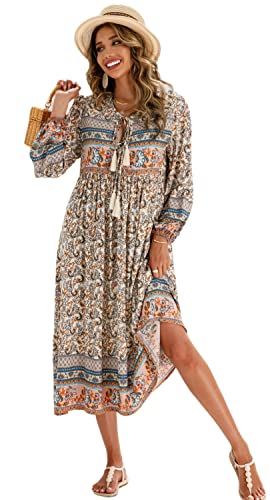 R.Vivimos Damen Beiläufig Bohemien Drucken Krawatte Langarm Strand Stil Lang Midi Urlaub Kleid(Medium,Beige#1) von R.Vivimos