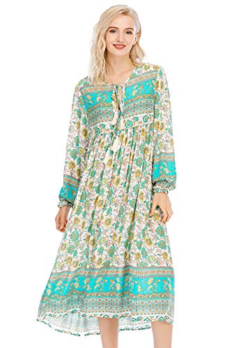 R.Vivimos Damen Beiläufig Bohemien Drucken Krawatte Langarm Strand Stil Lang Midi Urlaub Kleid(XLarge,Multigrün) von R.Vivimos