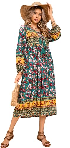 R.Vivimos Damen Beiläufig Bohemien Drucken Krawatte Langarm Strand Stil Lang Midi Urlaub Kleid(XLarge,Dunkelgrün) von R.Vivimos