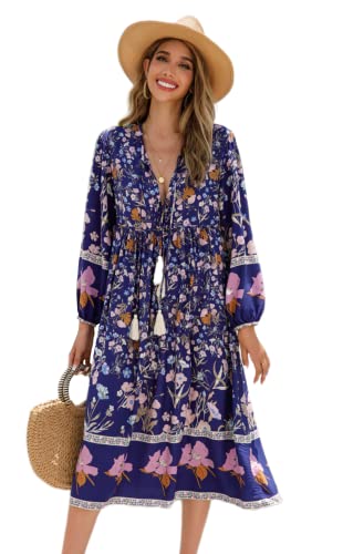 R.Vivimos Damen Beiläufig Bohemien Drucken Krawatte Langarm Strand Stil Lang Midi Urlaub Kleid(XLarge,Dunkelblau) von R.Vivimos