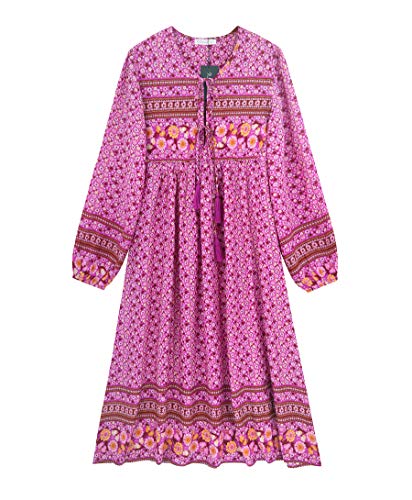 R.Vivimos Damen Beiläufig Bohemien Drucken Krawatte Langarm Strand Stil Lang Midi Kleid Berufung Kleid（XS,Magenta von R.Vivimos