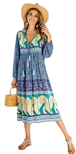 R.Vivimos Damen Beiläufig Bohemien Drucken Krawatte Langarm Strand Stil Lang Midi Urlaub Kleid(Large,Blau) von R.Vivimos