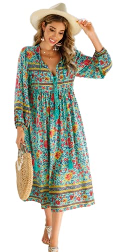 R.Vivimos Damen Beiläufig Bohemien Drucken Krawatte Langarm Strand Stil Lang Midi Urlaub Kleid(Large,Grün) von R.Vivimos