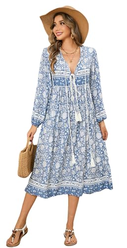 R.Vivimos Damen Beiläufig Bohemien Drucken Krawatte Langarm Strand Stil Lang Midi Urlaub Kleid(Large,Hellblau) von R.Vivimos