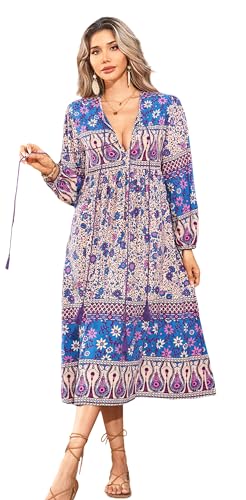 R.Vivimos Damen Beiläufig Bohemien Drucken Krawatte Langarm Strand Stil Lang Midi Urlaub Kleid(Large,Lila) von R.Vivimos