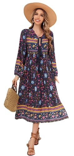 R.Vivimos Damen Beiläufig Bohemien Drucken Krawatte Langarm Strand Stil Lang Midi Urlaub Kleid(Large,Navyblau) von R.Vivimos