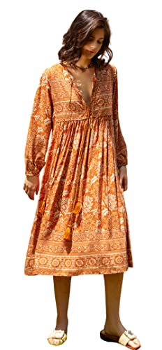 R.Vivimos Damen Beiläufig Bohemien Drucken Krawatte Langarm Strand Stil Lang Midi Urlaub Kleid(Large,Orange) von R.Vivimos