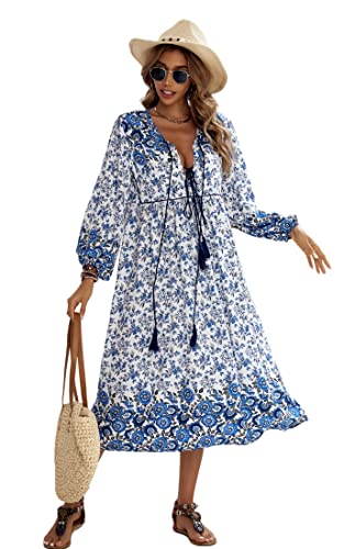 R.Vivimos Damen Beiläufig Bohemien Drucken Krawatte Langarm Strand Stil Lang Midi Urlaub Kleid(Large,Weißblau) von R.Vivimos