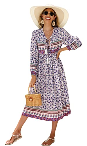 R.Vivimos Damen Beiläufig Bohemien Drucken Krawatte Langarm Strand Stil Lang Midi Urlaub Kleid(Small,Mehrfarbig#Blau) von R.Vivimos