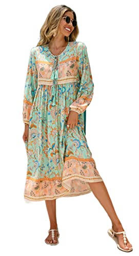 R.Vivimos Damen Beiläufig Bohemien Drucken Krawatte Langarm Strand Stil Lang Midi Urlaub Kleid(Large,Aqua) von R.Vivimos