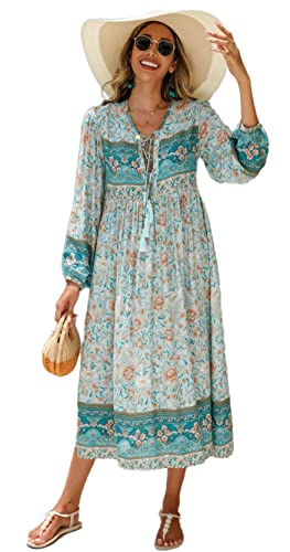 R.Vivimos Damen Beiläufig Bohemien Drucken Krawatte Langarm Strand Stil Lang Midi Urlaub Kleid(Large,BlueTurquoise) von R.Vivimos