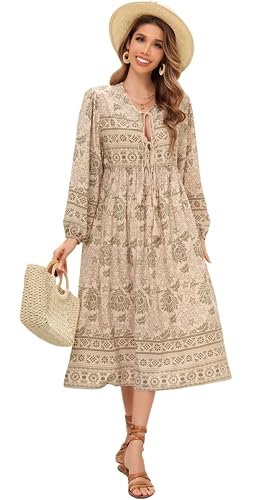 R.Vivimos Damen Beiläufig Bohemien Drucken Krawatte Langarm Strand Stil Lang Midi Urlaub Kleid(Large,LightKhaki) von R.Vivimos