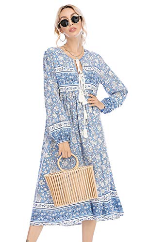 R.Vivimos Damen Beiläufig Bohemien Drucken Krawatte Langarm Strand Stil Lang Midi Urlaub Kleid(Medium,Hellblau) von R.Vivimos