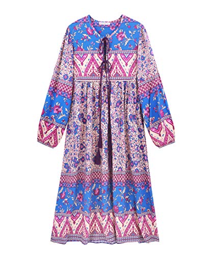 R.Vivimos Damen Beiläufig Bohemien Drucken Krawatte Langarm Strand Stil Lang Midi Urlaub Kleid(Medium,Lila) von R.Vivimos