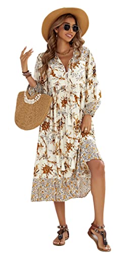 R.Vivimos Damen Beiläufig Bohemien Drucken Krawatte Langarm Strand Stil Lang Midi Urlaub Kleid(Medium,Weiß) von R.Vivimos