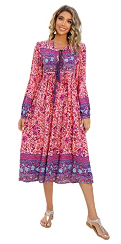 R.Vivimos Damen Beiläufig Bohemien Drucken Krawatte Langarm Strand Stil Lang Midi Urlaub Kleid(Medium,Rosa) von R.Vivimos