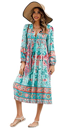 R.Vivimos Damen Beiläufig Bohemien Drucken Krawatte Langarm Strand Stil Lang Midi Urlaub Kleid(XXLarge,HellCyan) von R.Vivimos